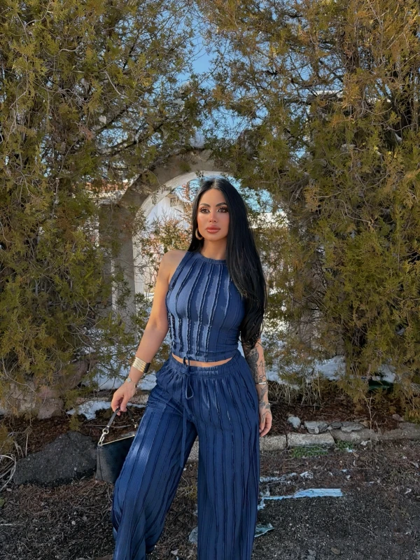 Lacivert Halter Ters Dikişli İkili Takım