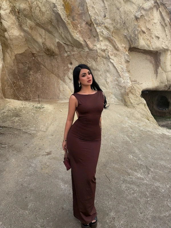 Kahve Sırt Açık Long Elbise