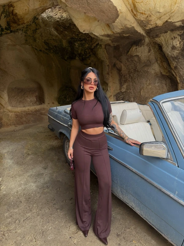 Kahve Şeritli Modal İkili Takım