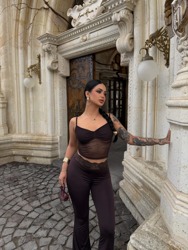 Kahve Güpür Detaylı Tayt İkili Takım