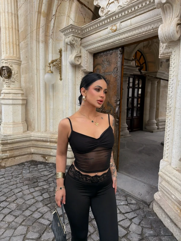 Siyah Güpür Detaylı Tayt İkili Takım