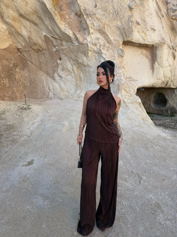 Kahve Sırt Dekolte Fitilli Takım