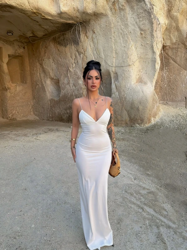 Beyaz İp Askılı Maxi Basic Elbise