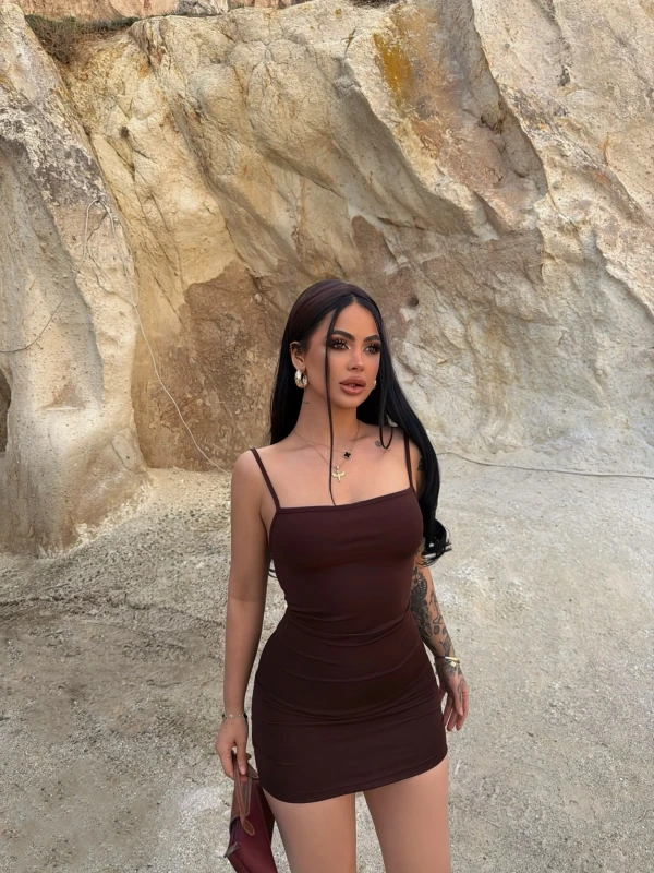 Kahve Askılı Bodycon Mini Elbise