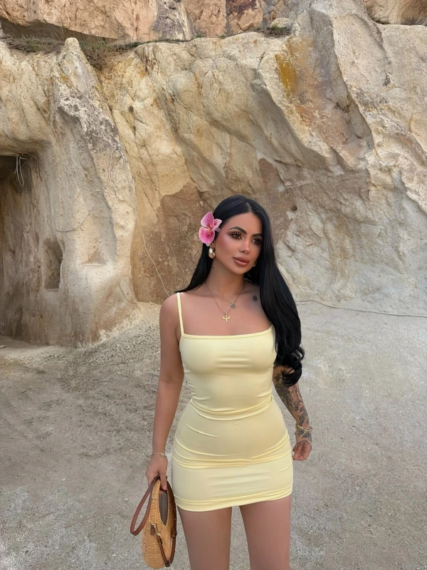 Sarı Askılı Bodycon Mini Elbise