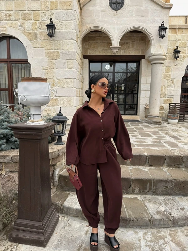 Kahve Modal Gömlek Pantolon İkili Takım