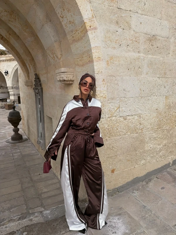 Kahve Saten Eşofman İkili Takım