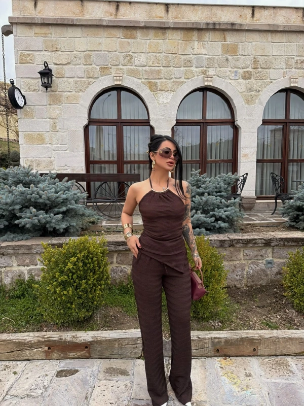 Kahve Yaka Aksesuarlı İkili Takım