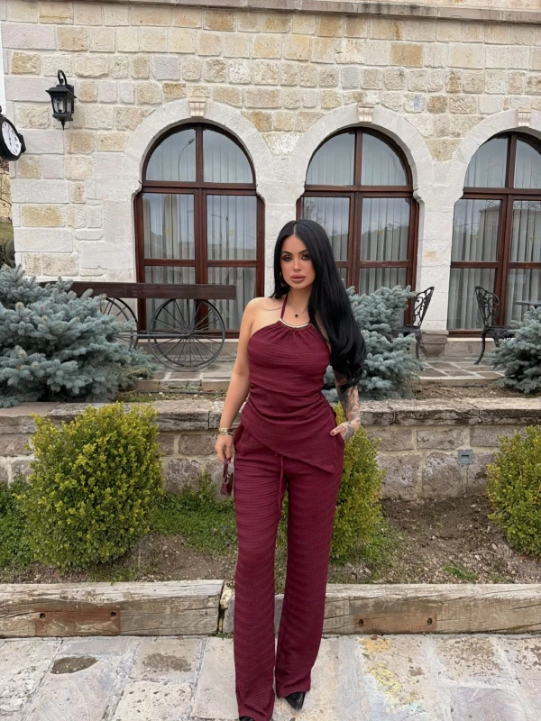 Bordo Yaka Aksesuarlı İkili Takım