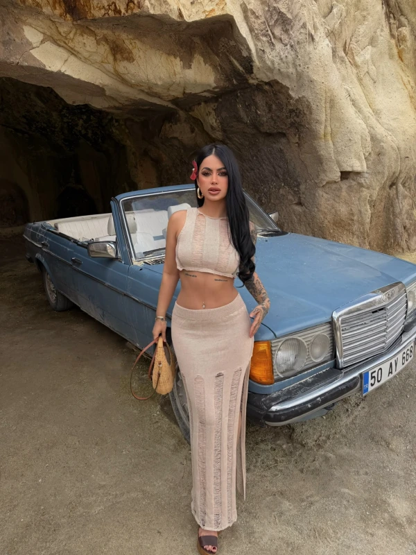 Bej Triko Etek Büstiyer İkili Takım