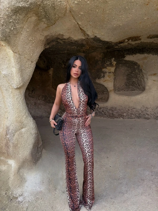 Leopar Boyundan Geçmeli Toparlayıcı Tulum