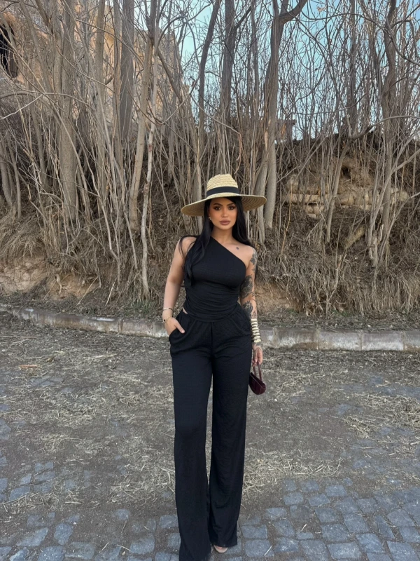 Siyah Gofre Tek Omuz İkili Takım