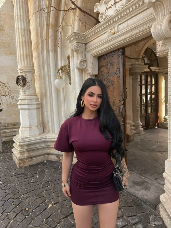 Mürdüm Büzgülü Modal Elbise