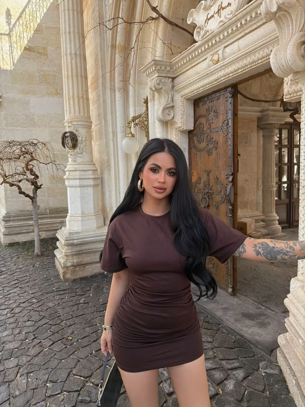 Kahve Büzgülü Modal Elbise