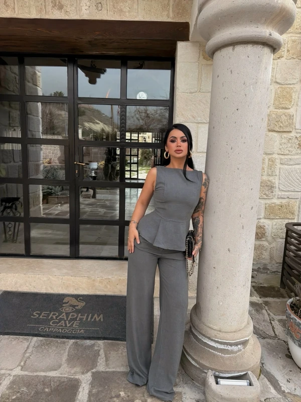 Gri Sıfır Kol Belden Oturtmalı Takım