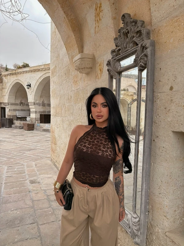 Kahve Bohem İçi Astarlı Dantel Crop