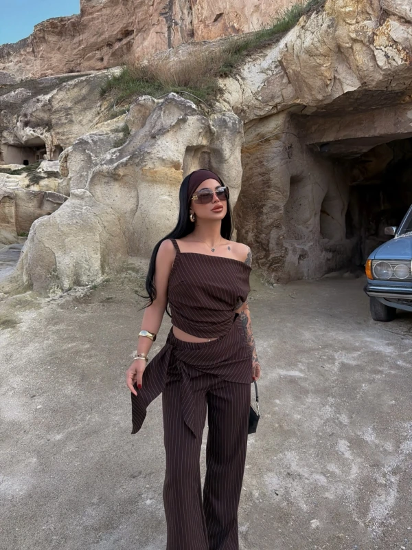 Kahve Line Düşük Omuz Üçlü Takım