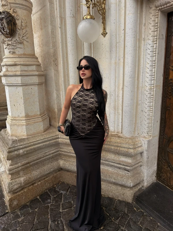 Güpürlü Balık Sırtı Maxi Elbise