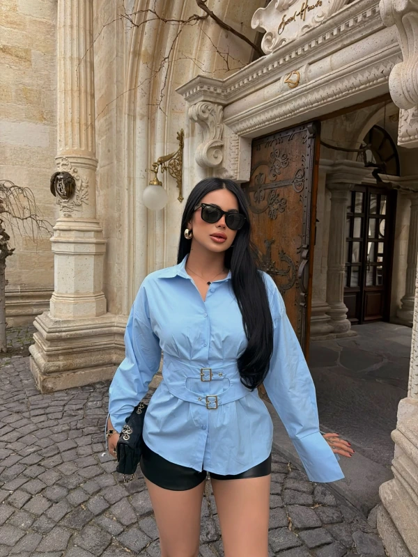 Mavi Geniş Kuşaklı Poplin Gömlek