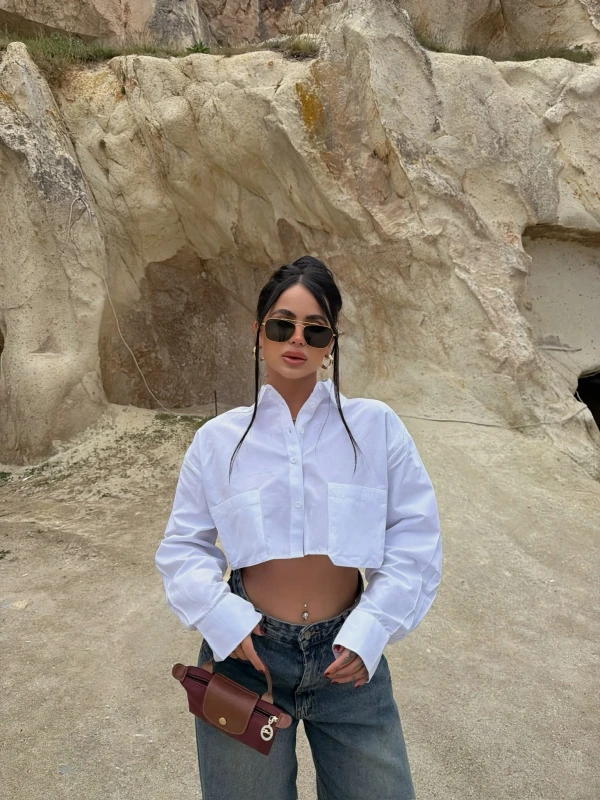 Beyaz Çift Cepli Poplin Gömlek