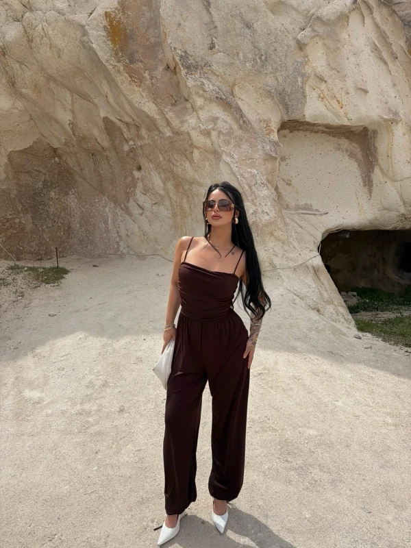 Kahve Luxe Drapeli Askılı Tulum