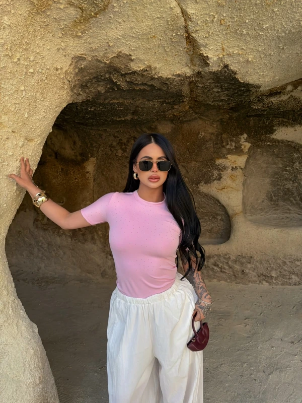 Pembe Glam Basic Taşlı Crop