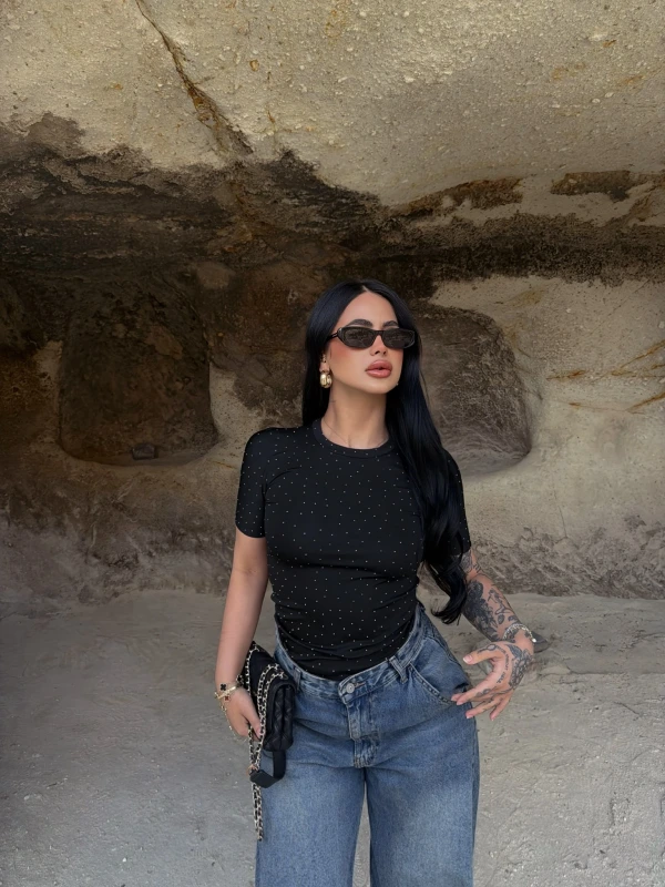 Siyah Glam Basic Taşlı Crop