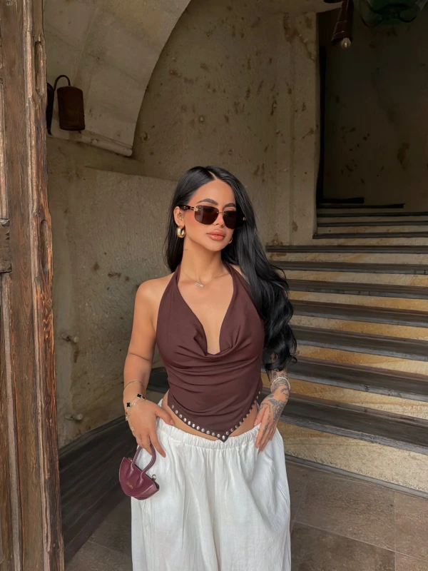 Kahve Sırt Dekolte Droplu Bluz