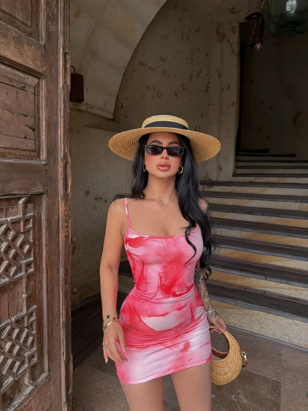 Desenli İp Askılı Digital Elbise