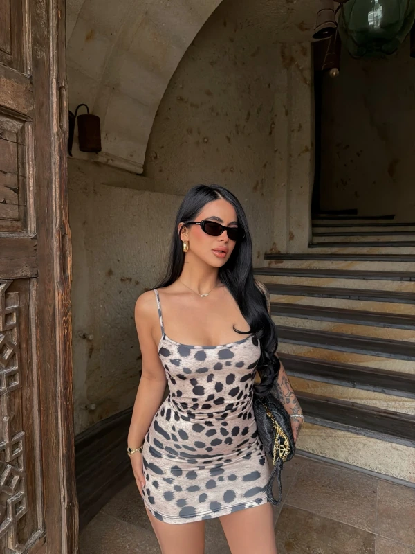 Leopar İp Askılı Digital Elbise