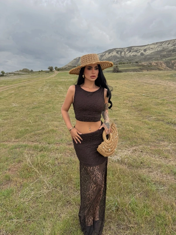 Kahve Güpürlü Büstiyer Etek İkili Takım