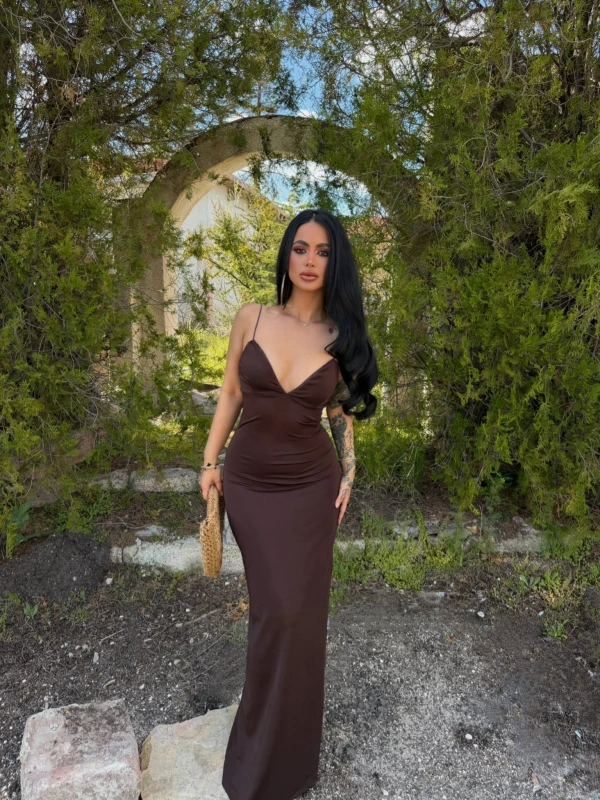 Kahve İp Askılı Maxi Basic Elbise