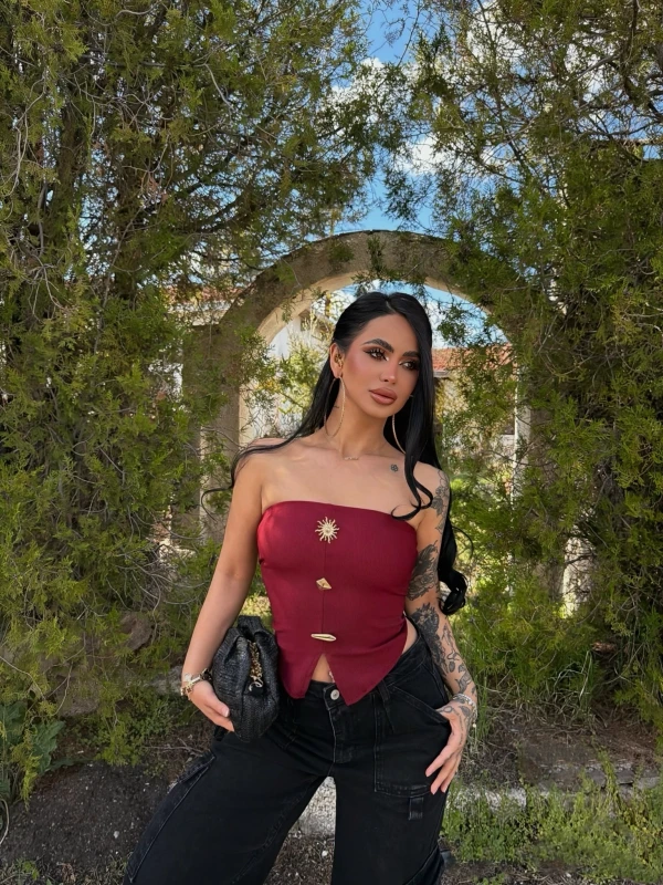 Bordo Sun Aksesuarlı Straplez Crop