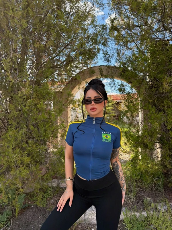 Mavi Yaka Fermuarlı Brasil Crop