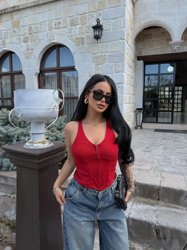Kırmızı Fermuarlı Korse Crop