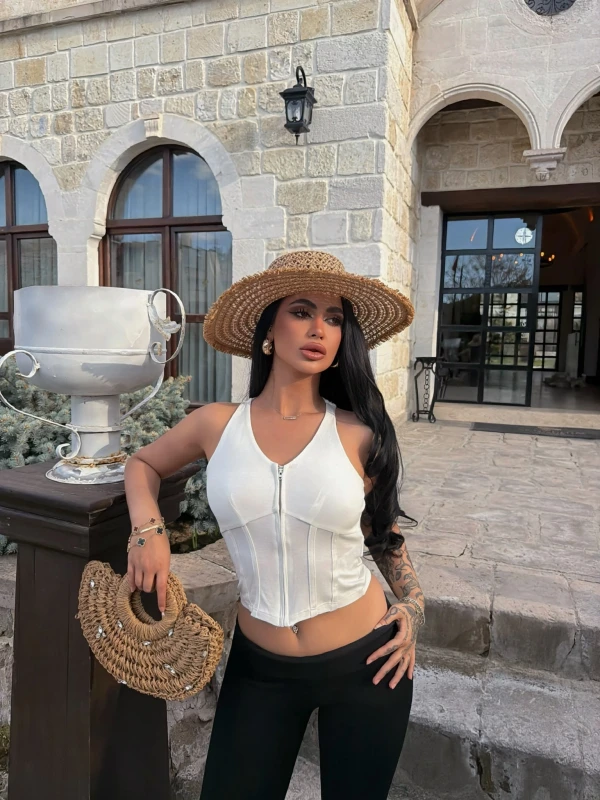 Beyaz Fermuarlı Korse Crop