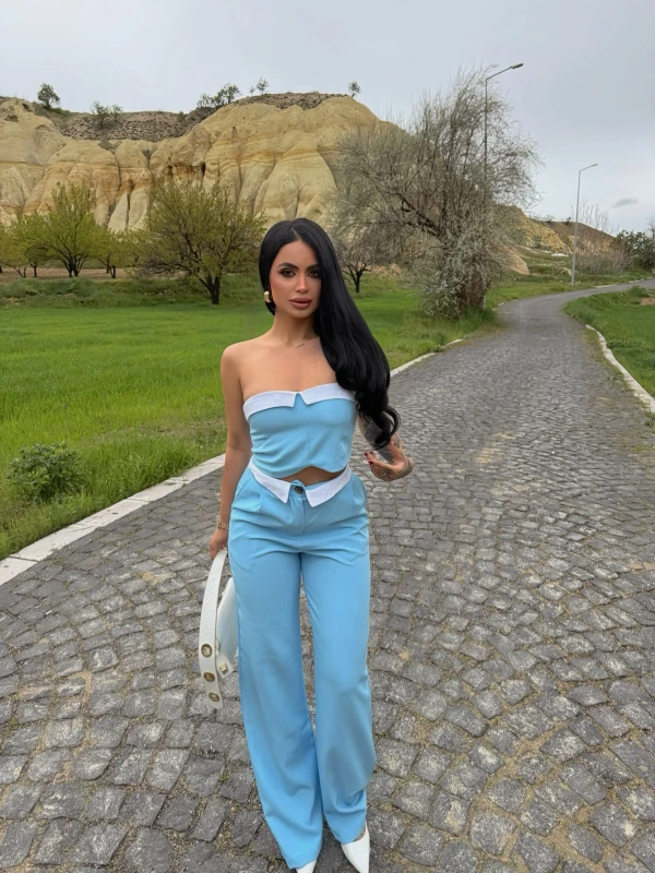 Mavi Straplez Pantolon İkili Takım