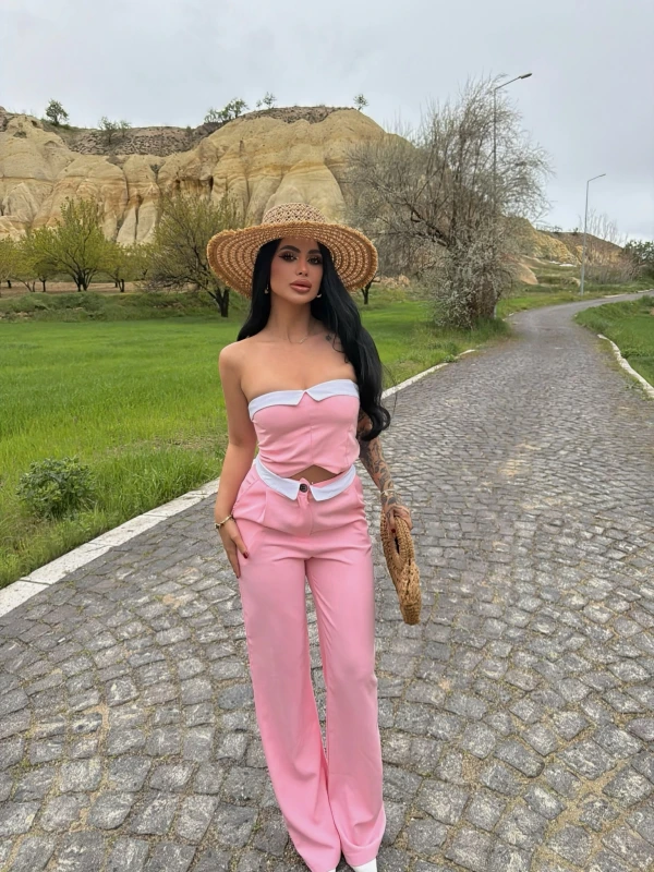 Pembe Straplez Pantolon İkili Takım