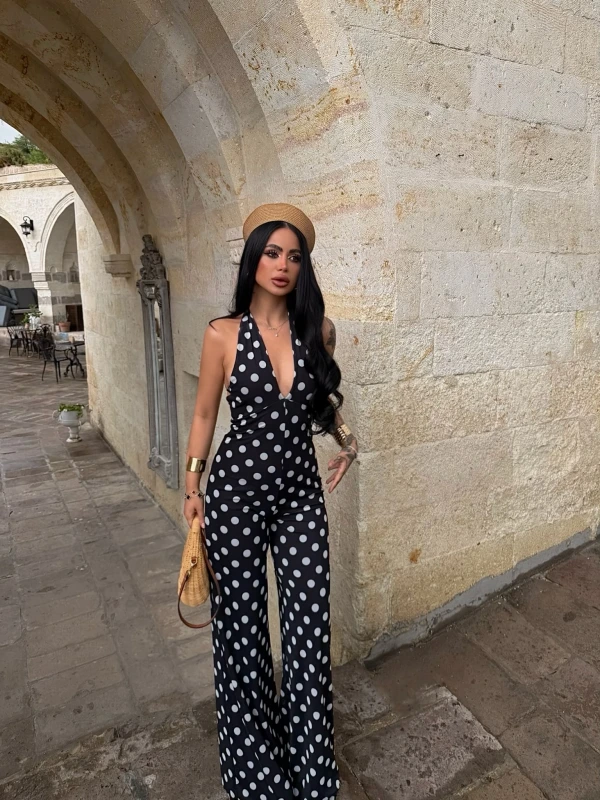 Puantiyeli Siyah Amber Boyundan Geçmeli Tulum
