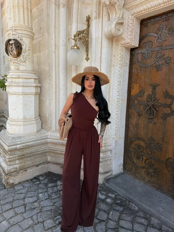 Kahve Tek Omuz Büzgülü Salaş Tulum