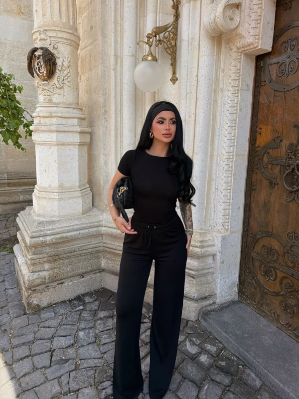 Siyah Kayık Yaka Viskon İkili Takım