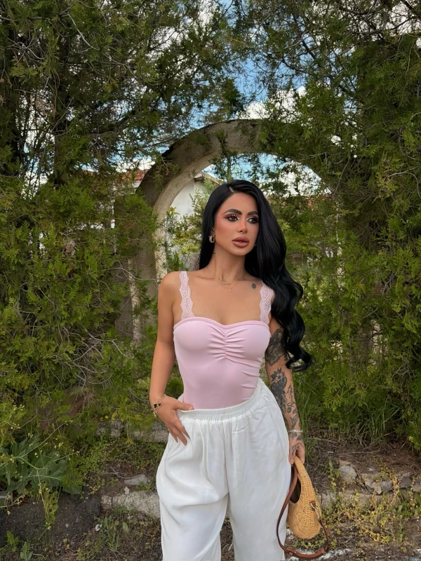 Pudra Güpür Askılı Crop