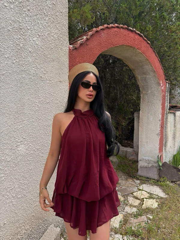 Bordo Şifon Boyundan Geçmeli Elbise