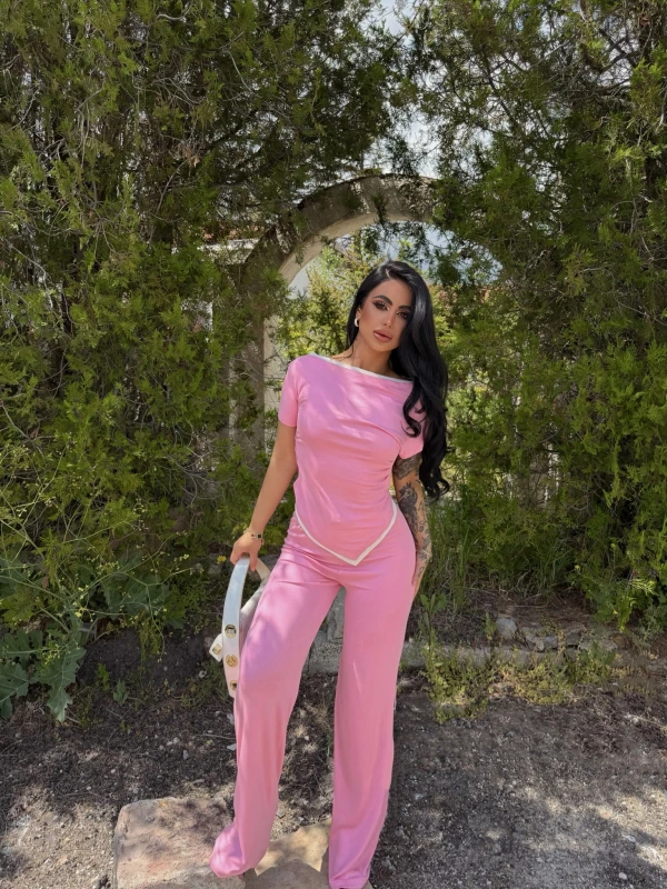 Pembe Biyeli Viskon Asimetrik Takım