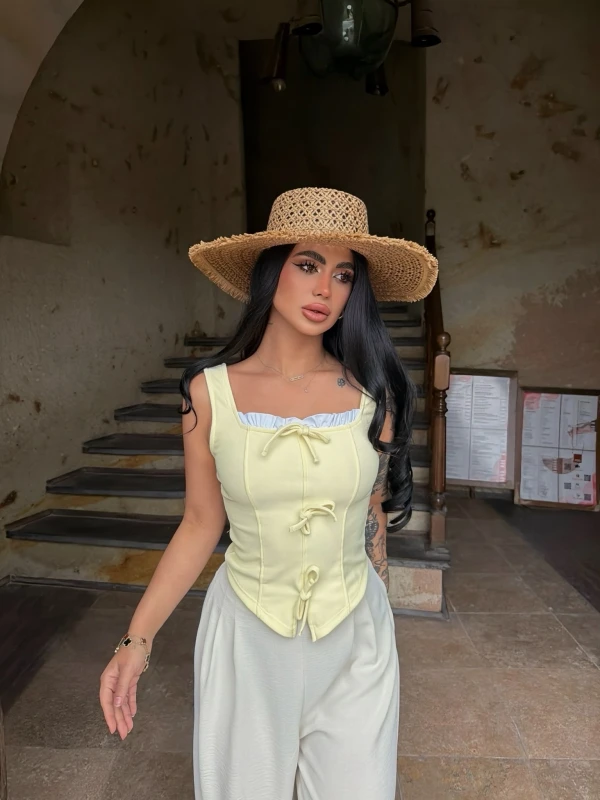 Sarı Göğüs Bağcıklı Biyeli Crop