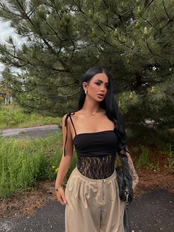 Siyah Angel Güpür Askılı Bodysuit