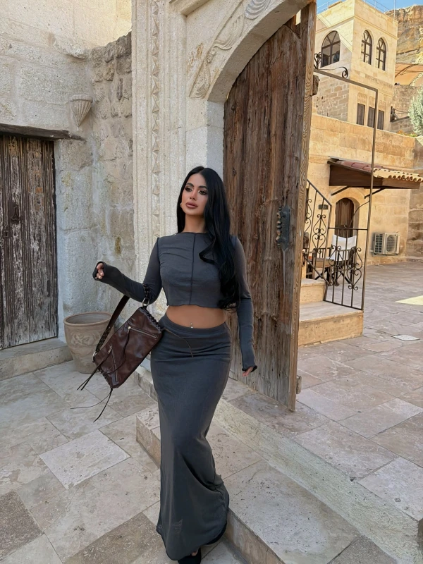 Antrasit Crop Top Etek İkili Takım