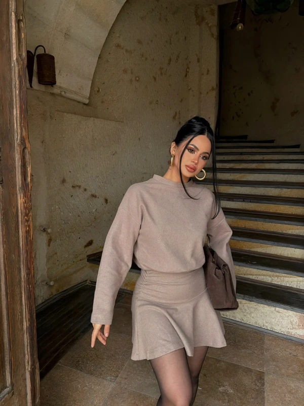 Bej Bel Büzgülü Selanik Elbise