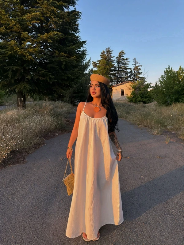 Beyaz Alina Müslin Salaş Elbise