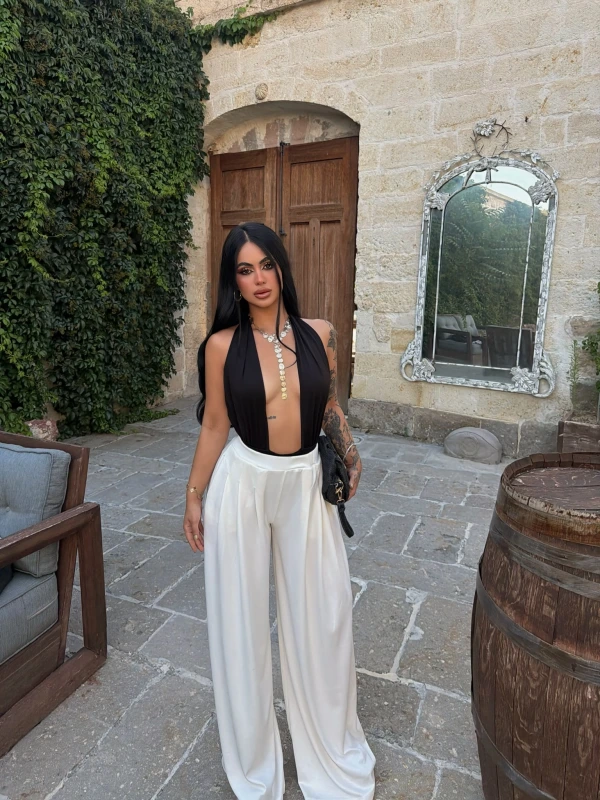 Beyaz Modal Pileli Palazzo Pantolon